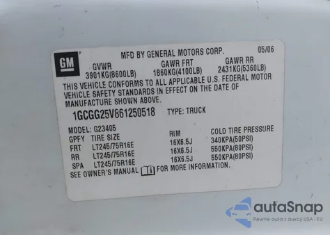 2006 Chevrolet Express Work Van z USA, uszkodzony, nr VIN 1GCGG25V861250518